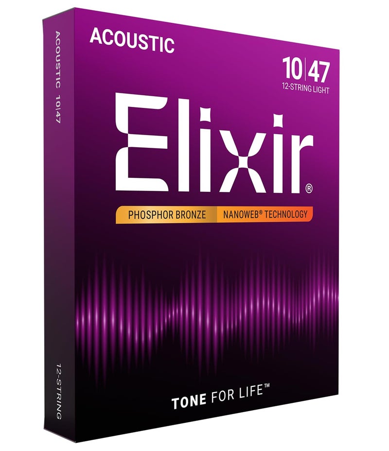 Elixir Strings, Acoustic Guitar Strings, Phosphor Bronze with NANOWEB Technology, Longest-Lasting Rich and Full Tone For Life with Comfortable Feel, 12 String Set, 12-String Light 10-47 - Image 1